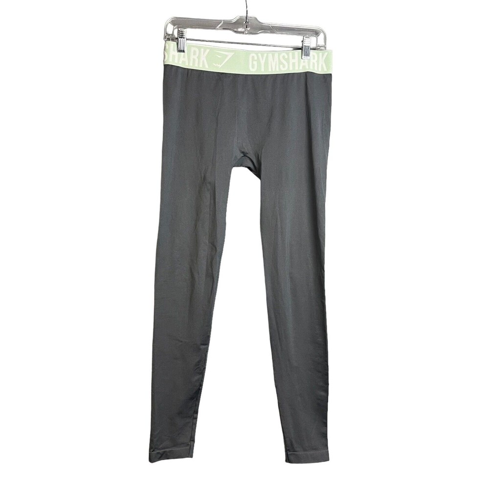Gymshark Womens Gray Fit Seamless Leggings With Green Waistband Size M